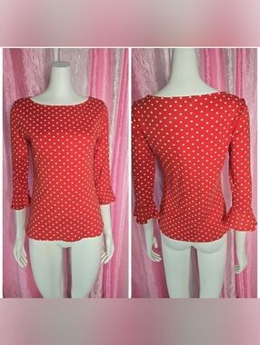 Lauren Ralph Lauren Red White Polka Dot Cotton Bell Sleeve Top Size Medium